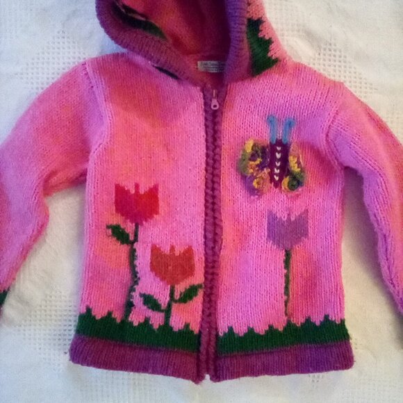 Little Cotton Dress Girls Cardigan / Jacket Sz 6 Handmade In Ecuador 100 % Wool - Picture 2 of 7